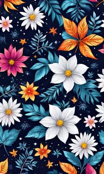 Striking, colorful flower painting with intricate details, vivid hues, beautifully contrasted against dark, black background. For interior design, textiles, clothing, gift wrapping, web design, print