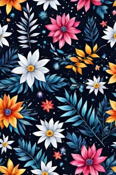 Bright colors of flowers pop out against black background, enhancing their beauty, making them focal point of image. For interior design, decoration, advertising, web design, as illustration for book