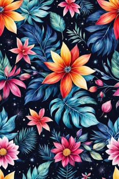 Vibrant, intricate floral design set against dark background, creating visually appealing contrast between colorful flowers, dark backdrop. For website design, advertising, greeting cards, magazines