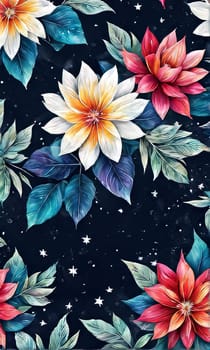 Contrast between bright flowers, dark background gives image special atmosphere, appeal, highlighting its beauty wonder. For home interior, bedroom, living room, childrens room to add bright colors