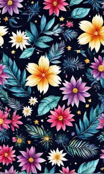 Image features striking contrast between vivid colors of flowers, dark backdrop, creating visually appealing, dramatic composition. For interior design, textiles, clothing, gift wrapping, web design