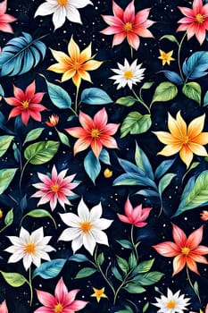 Bright colors of flowers pop out against black background, enhancing their beauty, making them focal point of image. For interior design, decoration, advertising, web design, as illustration for book