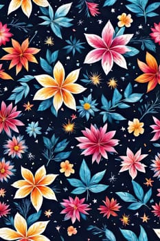 Striking, colorful flower painting with intricate details, vivid hues, beautifully contrasted against dark, black background. For interior design, textiles, clothing, gift wrapping, web design, print