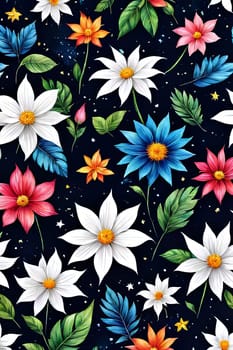 Bright colors of flowers pop out against black background, enhancing their beauty, making them focal point of image. For interior design, decoration, advertising, web design, as illustration for book