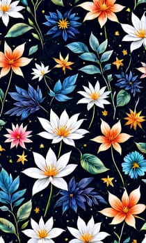 Striking, colorful flower painting with intricate details, vivid hues, beautifully contrasted against dark, black background. For interior design, textiles, clothing, gift wrapping, web design, print