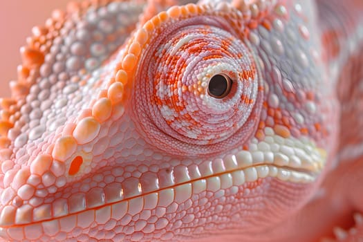 A closeup of a chameleons eye, a scaled reptile from the Iguania suborder, with its unique iris, showcasing the intricate beauty of terrestrial wildlife. Set against a vibrant pink background