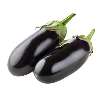 Two eggplants with green stems, part of the nightshade family, are natural foods rich in essential nutrients. This staple food ingredient is a flowering plant and popular vegetable produce