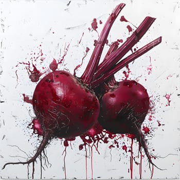 A fluid, magenta painting of two red beets on a white background, showcasing the beauty of terrestrial plants and the vibrant colors of organisms in nature