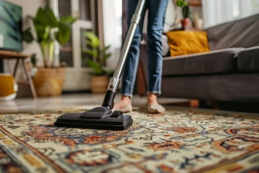 A hands of female cleaning service worker vacuums rug in living room, Generative AI.