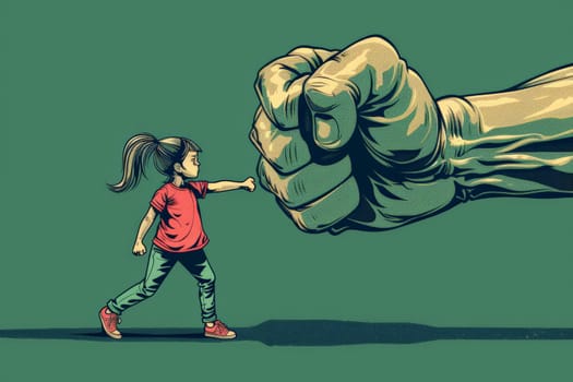 A little girl extends a fist and collides with a huge fist, flat illustration, Generative AI.