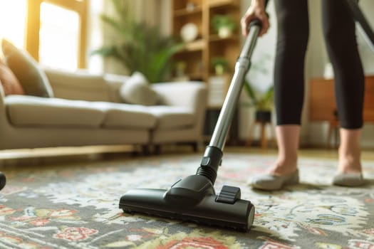 A hands of female cleaning service worker vacuums rug in living room, Generative AI.