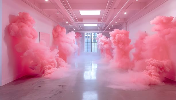 The buildings hallway was filled with magenta smoke seeping out of the walls, creating a mesmerizing symmetrical art display at the event