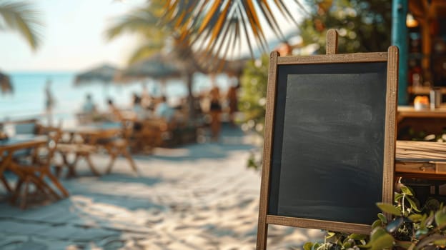 A blackboard is on a wooden stand on a beach.