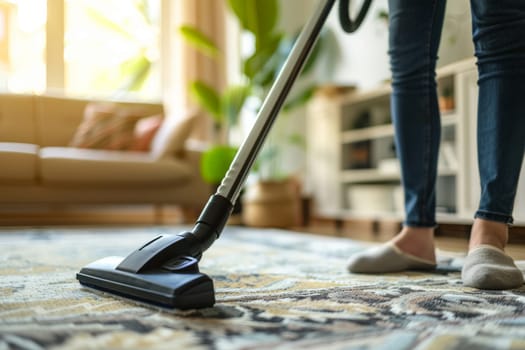 A hands of female cleaning service worker vacuums rug in living room, Generative AI.