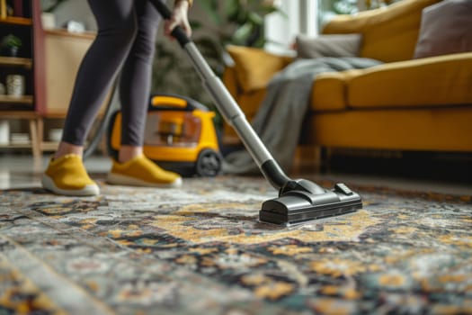 A hands of female cleaning service worker vacuums rug in living room, Generative AI.