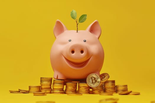 Smiling pink pig piggy bank with a stack of gold coins and a green plant growing, Generative AI.