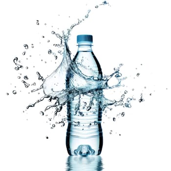 A bottle of water is in the middle of a splash of water isolate on white background.