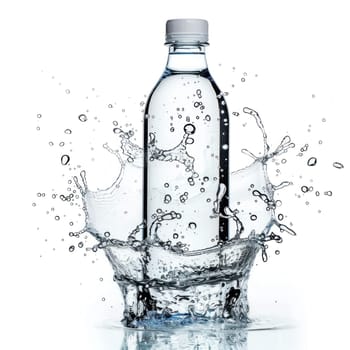 A bottle of water is in the middle of a splash of water isolate on white background.