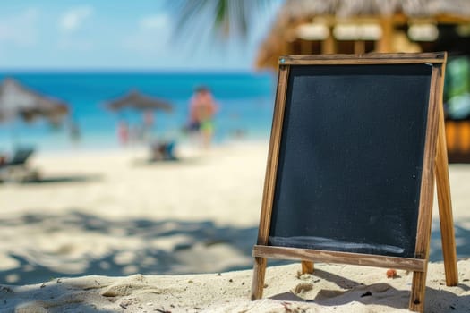 A blackboard is on a wooden stand on a beach.