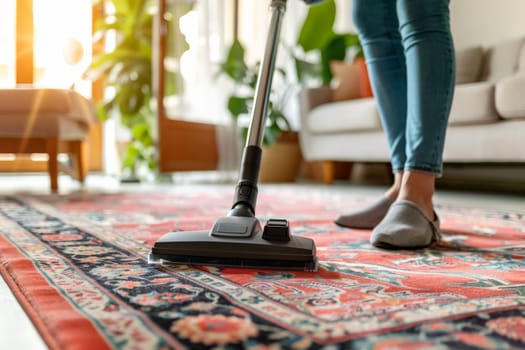 A hands of female cleaning service worker vacuums rug in living room, Generative AI.