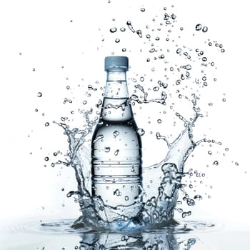 A bottle of water is in the middle of a splash of water. The bottle is white and has a blue cap