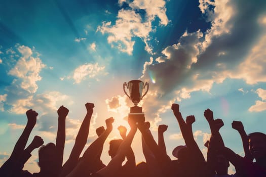 A group of people are holding up a trophy in the air.