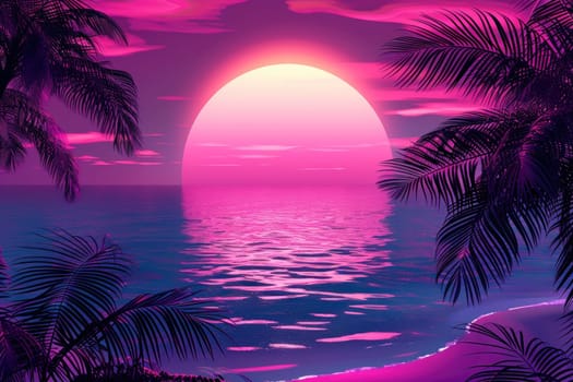 A beautiful sunset over the ocean with palm trees in the background, neon style..