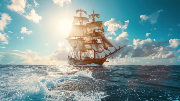 A large ship sails through the ocean with a bright sun shining on it. The scene is serene and peaceful, with the ship being the main focus of the image