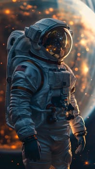 An astronaut adorned in electric blue personal protective equipment stands proudly in front of a distant planet in space, resembling a fictional character in a scifi art piece