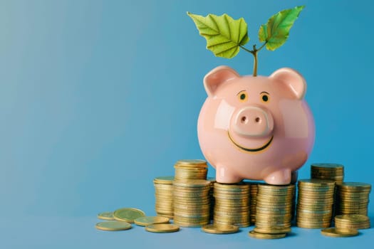 Smiling pink pig piggy bank with a stack of gold coins and a green plant growing, Generative AI.