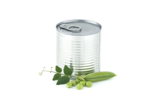 Steel can near fresh garden peas pods with green leaves isolated on a white background, sweet peas or English peas