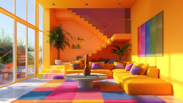 A vibrant living room with colorful furniture and a staircase. The property boasts an orange couch, adding a pop of color to the interior design