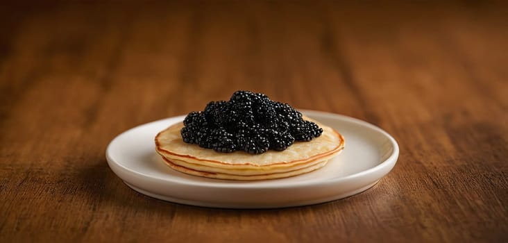 Pancakes with caviar for breakfast highlight luxury morning meal. Golden stack topped with black caviar, served on wooden plate, captures indulgent experience