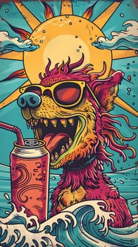 A vibrant illustration of a dog with sunglasses and soda can, beautifully painted with colorful art in a playful style