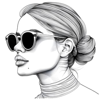 A monochrome illustration of a woman with sleek hair, bold eyebrows, and stylish sunglasses resting on her nose. Her lips are slightly parted in a fashionable gesture