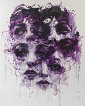 A stunning piece of art portraying a womans face with vibrant purple hair, created using a unique painting technique. The use of magenta and violet adds depth to the image