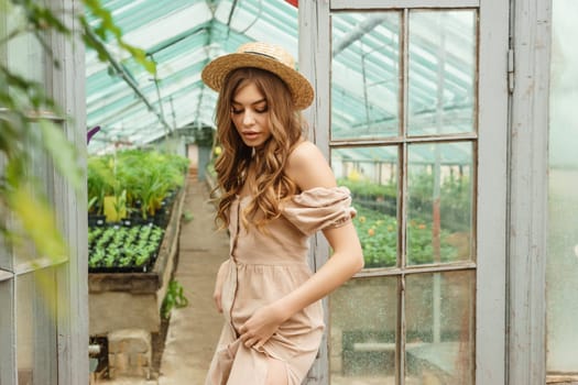 A beautiful young woman takes care of plants in a greenhouse. The concept of gardening and an eco-friendly lifestyle.