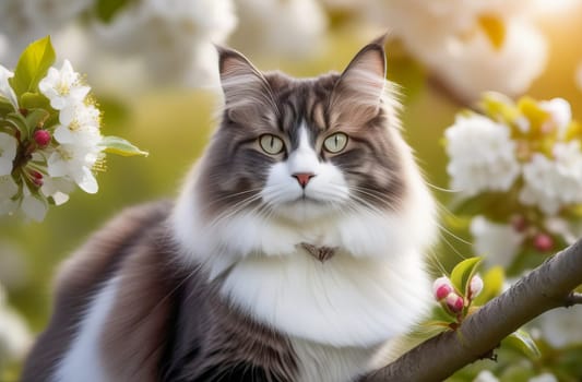 Close-up illustration of a fluffy cat with a white muzzle sitting on a blooming branch of an apple tree in the spring. AI generated.