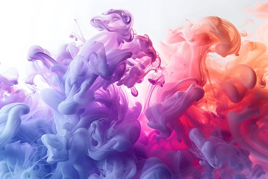 An art event showcasing a mesmerizing pattern of purple, pink, violet, and magenta smoke rising like petals from the water, accented with electric blue hues
