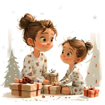 Two little girls are happily sitting next to each other, sharing Christmas presents. They are making a gesture of friendship in this heartwarming illustration