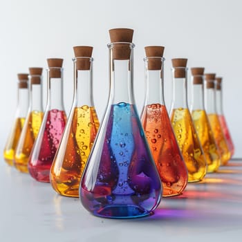A series of glass beakers containing a variety of colored liquids, showcasing the art of mixology and the beauty of different alcoholic beverages