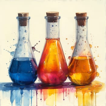 Three glass bottles filled with various colored liquids are displayed on a table, resembling art paint, cognac, and alcoholic beverages