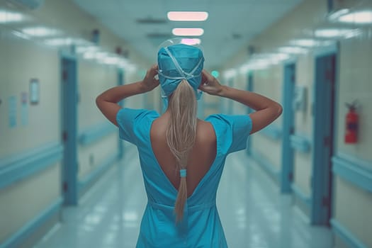 The female surgeon is leisurely putting on her Azure blue surgical gown, adjusting the neckline and headgear with a waterthemed gesture before entering the operating room