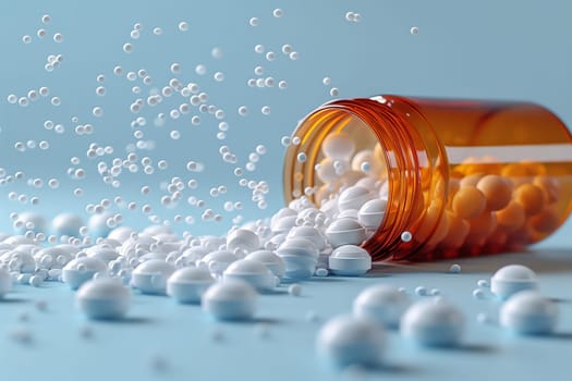 A bottle of amber nutraceutical pills spills onto a blue surface, creating a striking macro photography scene