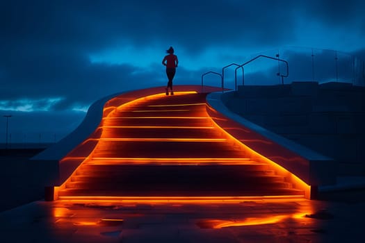 A person dashes down illuminated stairs at night under a calm dusk sky, creating a symmetrical landscape with the road and cityscape below