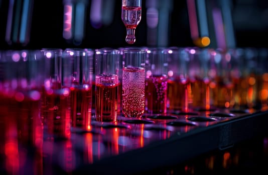 A line of drinkware filled with purple liquid and placed on a bar. The vibrant violet and magenta fluid contrasts with the electric blue glass technology