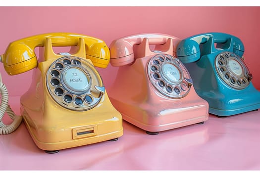 Three vintage toy communication devices with an electric blue font are placed on a magenta table. The rectangle plastic fashion accessories evoke memories of a bygone era
