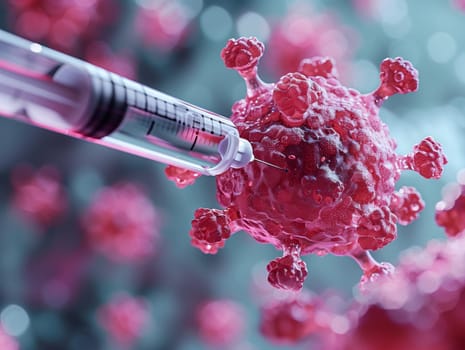 A pink liquid is being injected into a magenta virus using a syringe. The closeup macro photography captures the art of this process, resembling a fashion accessory on a petal of a plant