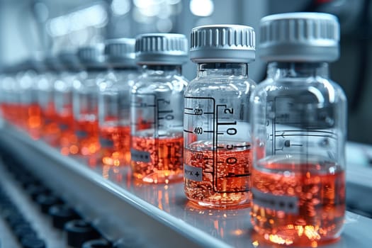 A line of plastic and glass bottles containing orange liquid, possibly mineral water or a soft drink, moving along a conveyor belt