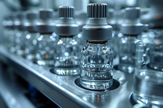 A line of glass drinkware bottles displayed on a metallic shelf, capturing the reflection of light and creating a monochrome tower in a closeup shot
